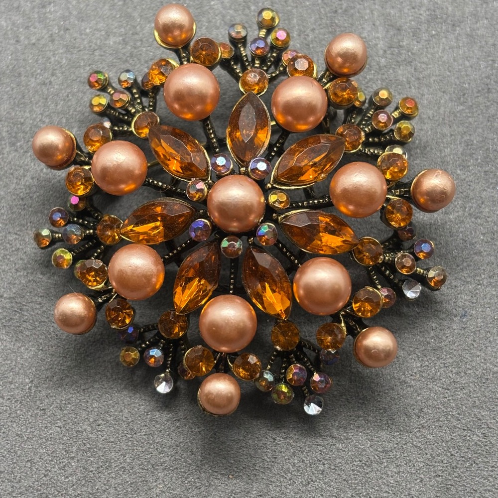 Starburst Fall Brooch Amber Peach Faux Pearl Crystal Gold Tone